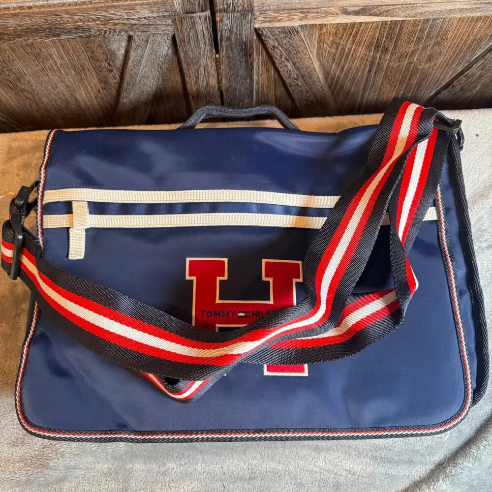 Vintage Tommy Hilfiger Messenger Bag Navy Red White Laptop Briefcase NWT